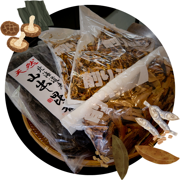 京都鰹節株式会社の鰹節、鯖節、うるめ節、昆布、ほし椎茸を使用